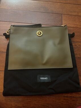 Versace Olive Green Leather Messenger Bag with Gold Medusa Accent